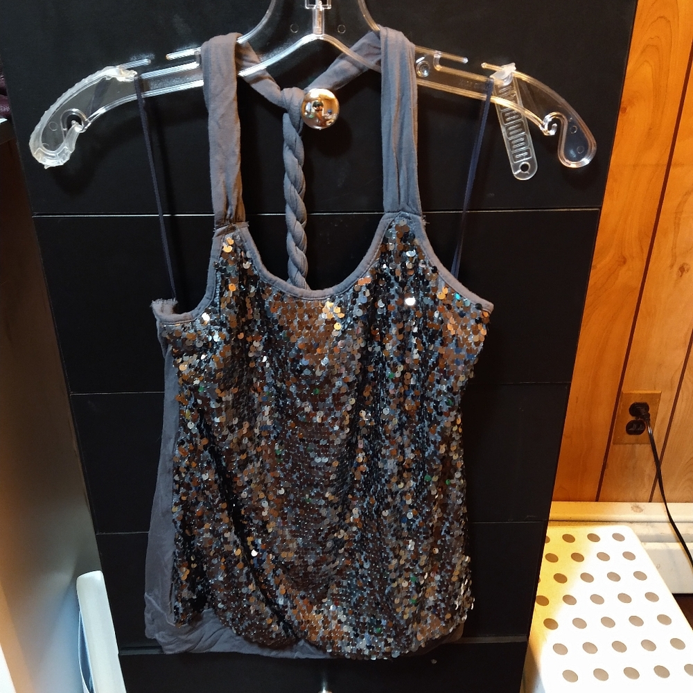 Express XS grey sequined braided racer back tank